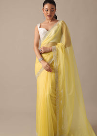 Yellow Organza Saree With Scallop Border And Unstitched Blouse Piece