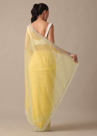 Yellow Organza Saree With Scallop Border And Unstitched Blouse Piece