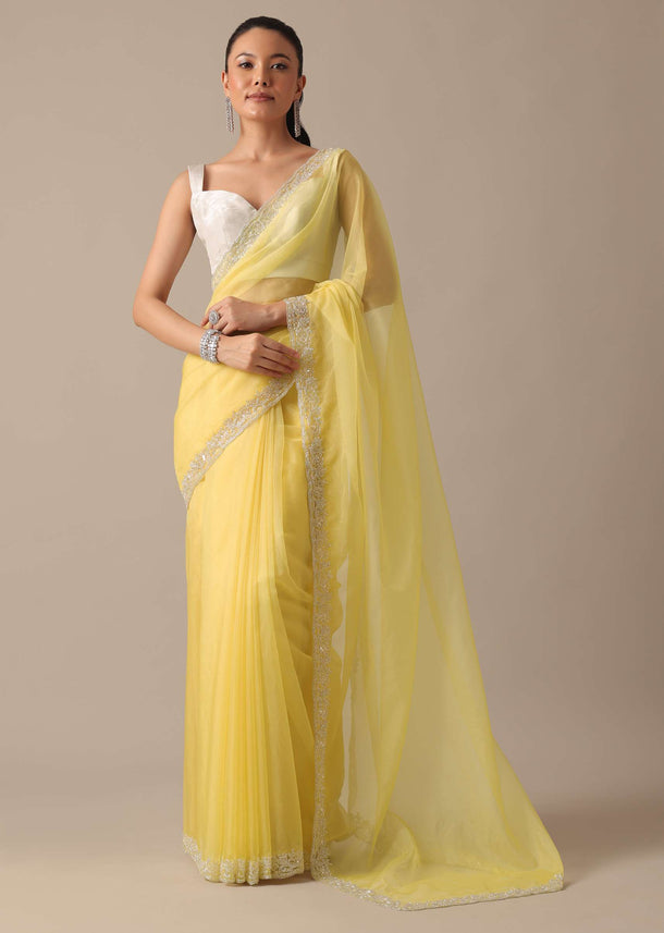 Yellow Organza Saree With Scallop Border And Unstitched Blouse Piece