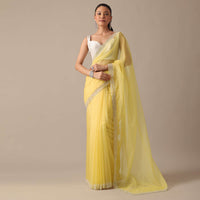 Yellow Organza Saree With Scallop Border And Unstitched Blouse Piece