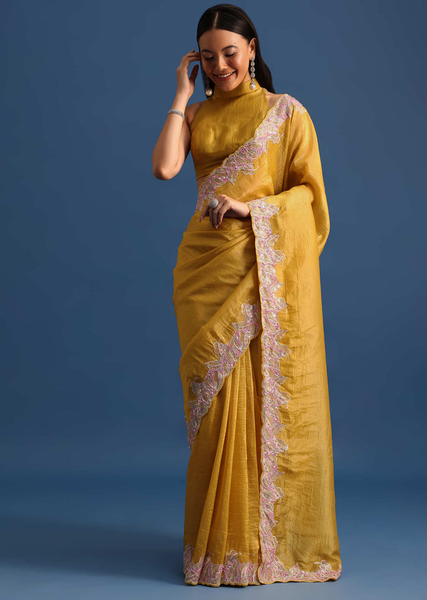 Yellow Organza Saree With Thread And Sequin Border And Unstitched Blouse