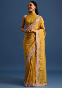 Yellow Organza Saree With Thread And Sequin Border And Unstitched Blouse