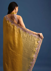 Yellow Organza Saree With Thread And Sequin Border And Unstitched Blouse