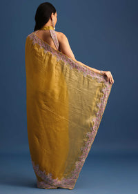 Yellow Organza Saree With Thread And Sequin Border And Unstitched Blouse