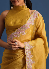 Yellow Organza Saree With Thread And Sequin Border And Unstitched Blouse