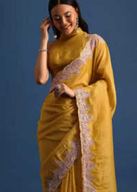 Yellow Organza Saree With Thread And Sequin Border And Unstitched Blouse