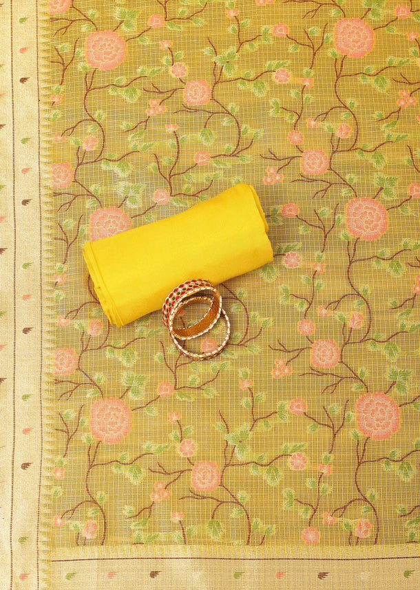 Yellow Paithani Woven Silk Dress Material