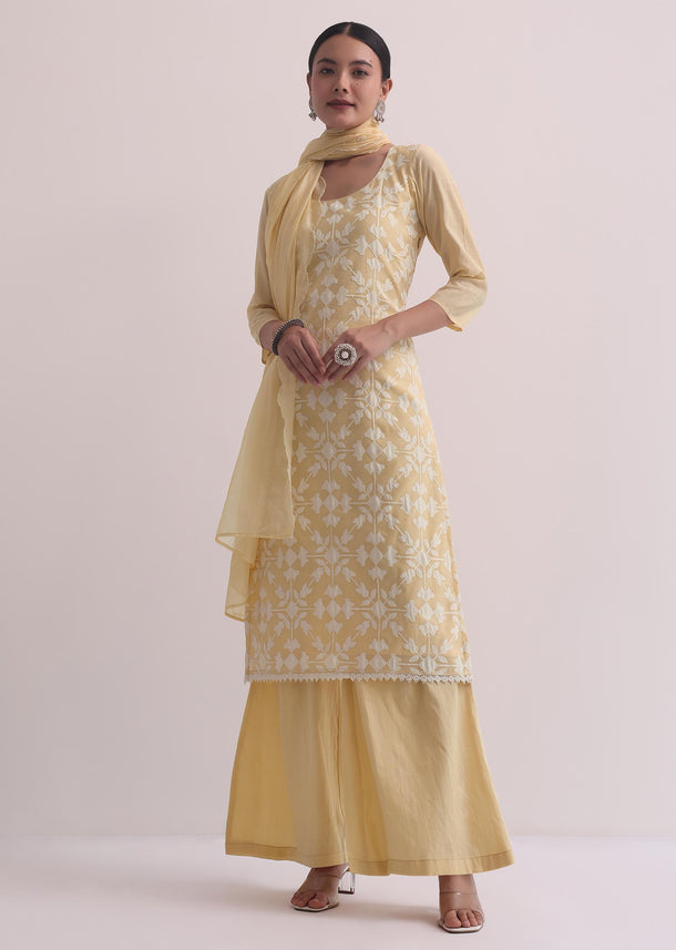 Yellow Palazzo Set With Patchwork Kurta