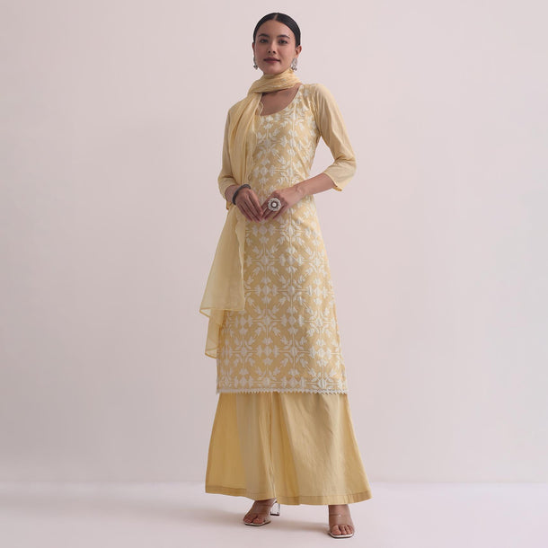 Yellow Palazzo Set With Patchwork Kurta