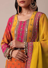 Yellow Palazzo Set With Zari Work Printed Kurta