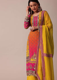 Yellow Palazzo Set With Zari Work Printed Kurta