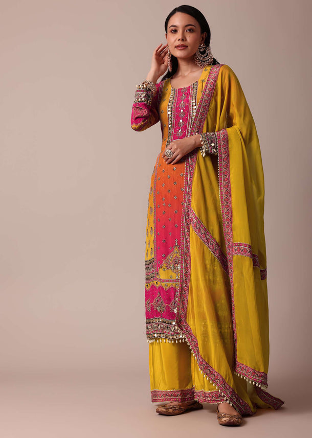 Yellow Palazzo Set With Zari Work Printed Kurta