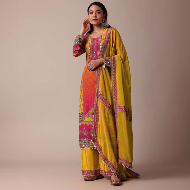 Yellow Palazzo Set With Zari Work Printed Kurta