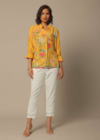 Yellow Pant Set With Embroidered Shirt