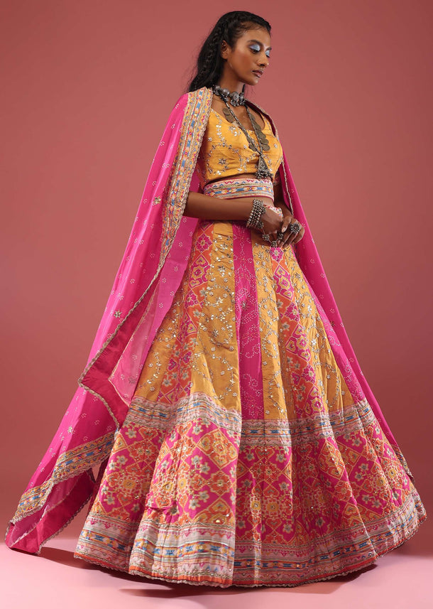 Chrome Yellow Patola Printed Silk Lehenga With Bandhani Kalis And Gotta Hand Embroidery