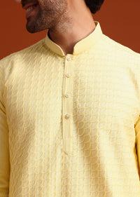 Yellow Poly Silk Quilted Kurta Set