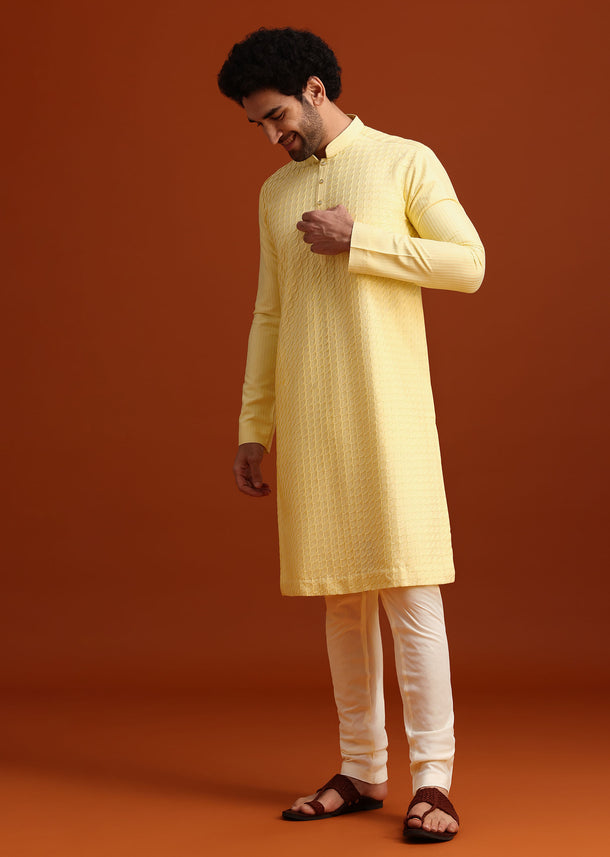 Yellow Poly Silk Quilted Kurta Set