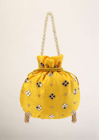 Yellow Potli In Satin With Hand Embroidery Detailing Using Mirror And Zardosi In Geometric Design