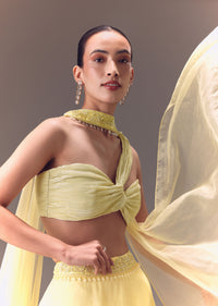 Yellow Pre-Pleated One Shoulder Blouse With Frill Lehenga And Choker Dupatta