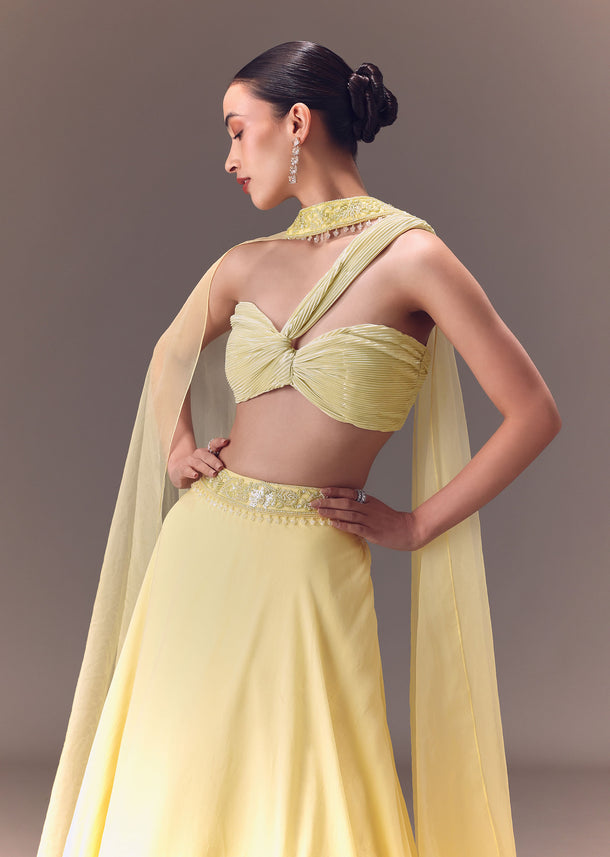 Yellow Pre-Pleated One Shoulder Blouse With Frill Lehenga And Choker Dupatta