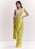 Yellow Pre Stitched Saree With Striped Print And Moti Cutdana Blouse