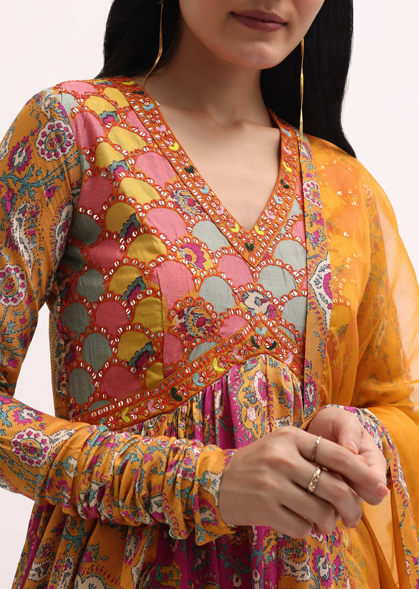 Yellow Printed Chiffon Anarkali Suit