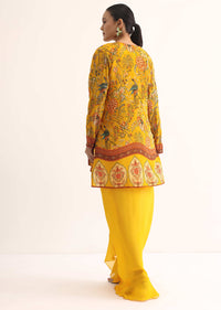 Yellow Printed Chiffon Crop Top And Skirt With Jacket
