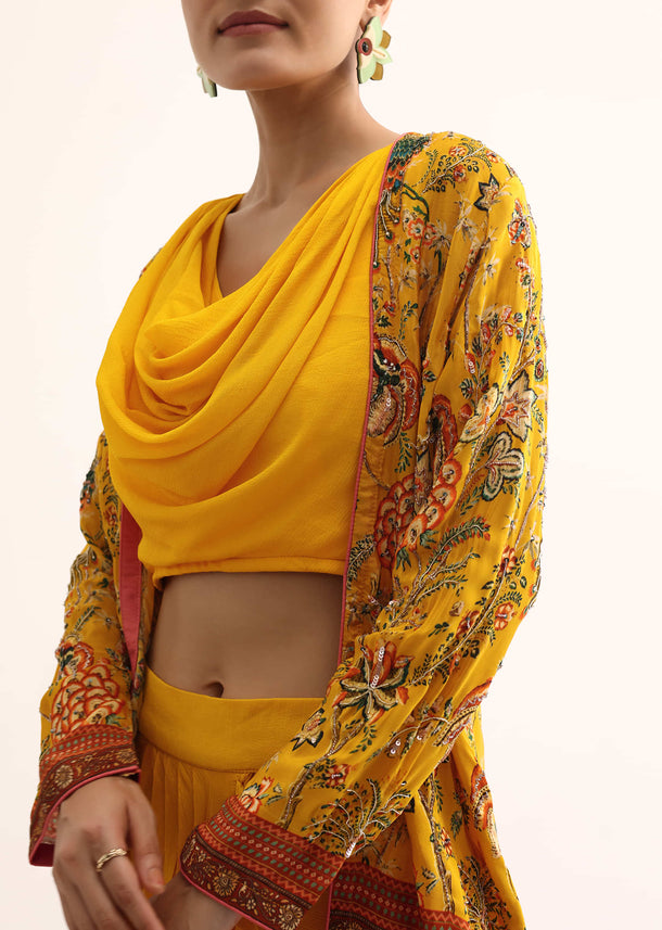 Yellow Printed Chiffon Crop Top And Skirt With Jacket