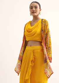 Yellow Printed Chiffon Crop Top And Skirt With Jacket