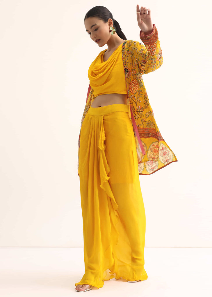 Yellow Printed Chiffon Crop Top And Skirt With Jacket