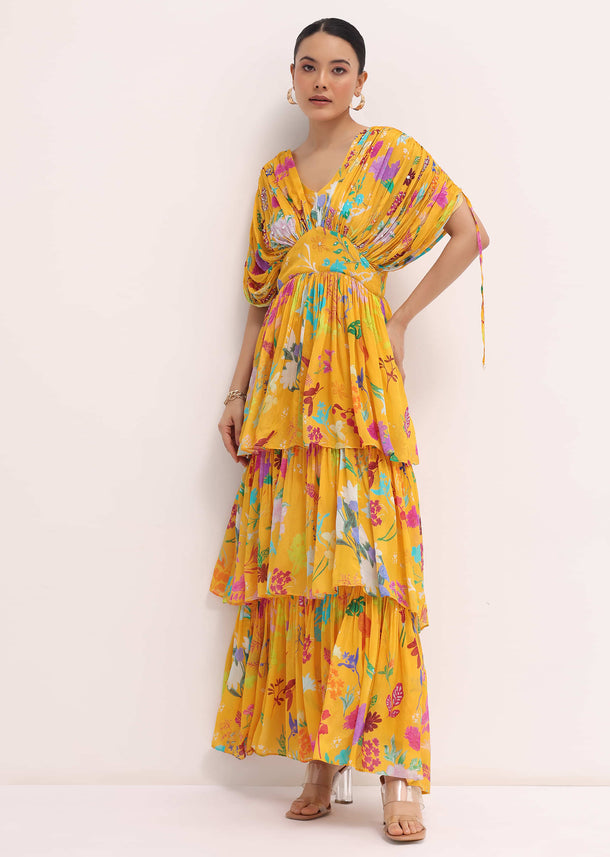 Yellow Printed Chiffon Gown