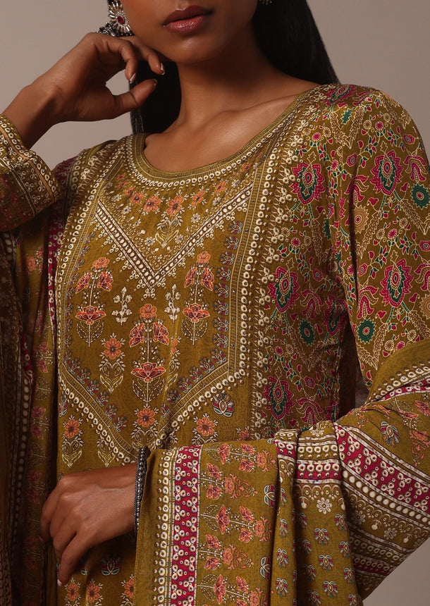 Yellow Printed Chiffon Sharara Set With Stone Work Kurta