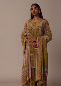 Yellow Printed Chiffon Sharara Set With Stone Work Kurta