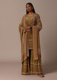 Yellow Printed Chiffon Sharara Set With Stone Work Kurta