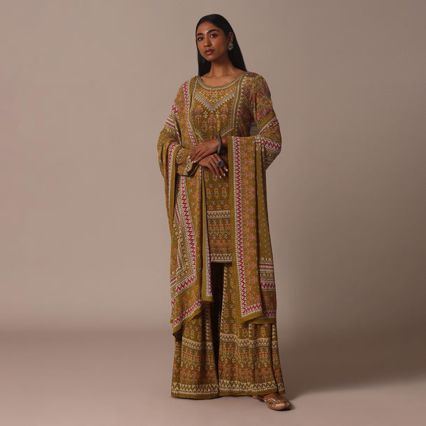 Yellow Printed Chiffon Sharara Set With Stone Work Kurta