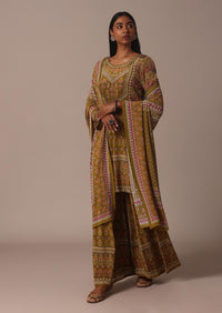 Yellow Printed Chiffon Sharara Set With Stone Work Kurta