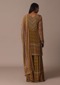 Yellow Printed Chiffon Sharara Set With Stone Work Kurta