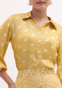 Yellow Printed Crepe Shirt And Skirt