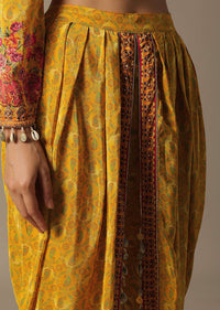 Yellow Printed Dhoti Set With Potli Bag