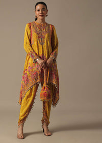 Yellow Printed Dhoti Set With Potli Bag