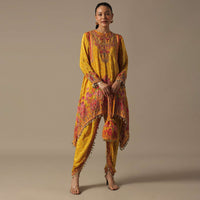 Yellow Printed Dhoti Set With Potli Bag