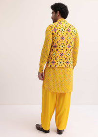Yellow Printed Kurta Jacket Set For Men