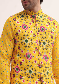 Yellow Printed Kurta Jacket Set For Men