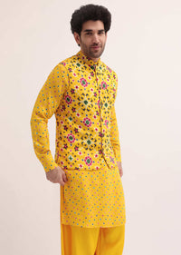 Yellow Printed Kurta Jacket Set For Men