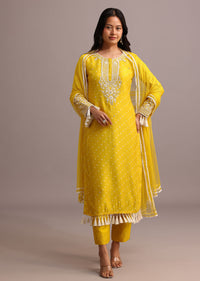 Yellow Printed Kurta Pant Set With Net Dupatta