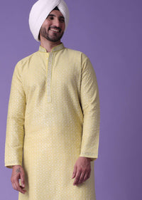 Yellow Printed Kurta Set In Silk With Zari Work