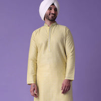 Yellow Printed Kurta Set In Silk With Zari Work