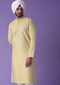 Yellow Printed Kurta Set In Silk With Zari Work