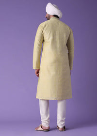 Yellow Printed Kurta Set In Silk With Zari Work