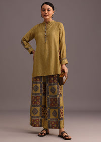 Mehendi Green Ajrakh Printed Kurti With Palazzo Set